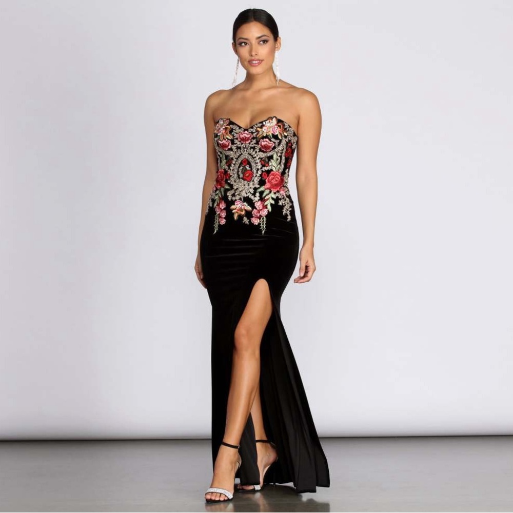 Embroidered Rose Velvet Dress